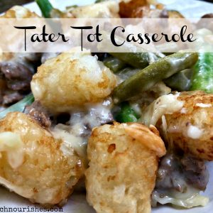 Tater Tot Casserole -- Ultimate comfort food. Made with just a few pantry ingredients, this meal comes together in minutes and nourishes body and heart. | thatwhichnourishes.com