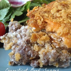 Connecticut Beef Supper -- Classic comfort food you will crave all year long. Layers of ground beef, potatoes, and a creamy sauce covered in cheese and corn flakes, this is a go-to family recipe. | thatwhichnourishes.com