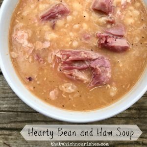 Hearty Bean and Ham Soup -- A thick and hearty soup made with a leftover ham bone and white beans. A few ingredients dropped in a pot turns into a rich, savory, nourishing dinner. | thatwhichnourishes.com