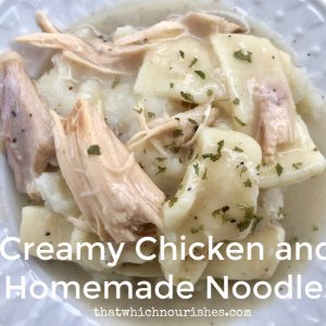Creamy Chicken and Homemade Noodles -- Tender chicken floats in creamy gravy and homemade noodles served over mashed potatoes. This is comfort food at its finest. | thatwhichnourishes.com