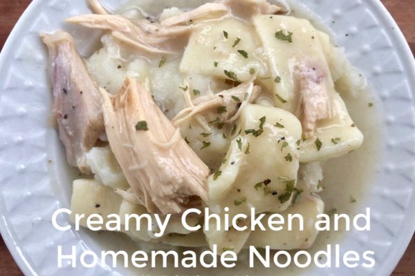 Creamy Chicken and Homemade Noodles -- Tender chicken floats in creamy gravy and homemade noodles served over mashed potatoes. This is comfort food at its finest. | thatwhichnourishes.com