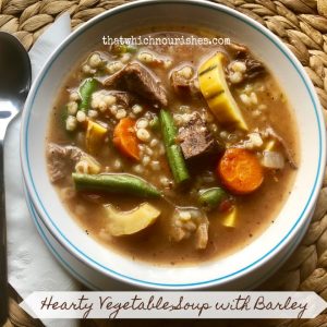 Hearty Vegetable Soup with Barley -- Savory, flavorful soup packed with veggies, made hearty by barley, and featuring ground beef or leftover beef or pork roast. | thatwhichnourishes.com