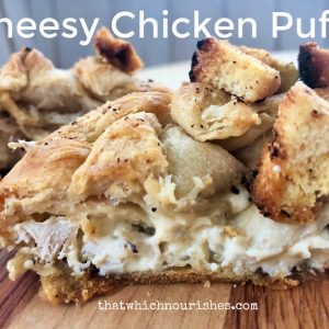 Cheesy Chicken Puffs -- Savory cream cheese and a bit of Cheddar marry tender chicken and fills a puff of pastry topped with crunchy, buttery croutons. This is a super easy weeknight meal or crowd pleaser as well. | thatwhichnourishes.com