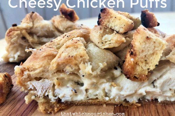 Cheesy Chicken Puffs -- Savory cream cheese and a bit of Cheddar marry tender chicken and fills a puff of pastry topped with crunchy, buttery croutons.  This is a super easy weeknight meal or crowd pleaser as well. | thatwhichnourishes.com