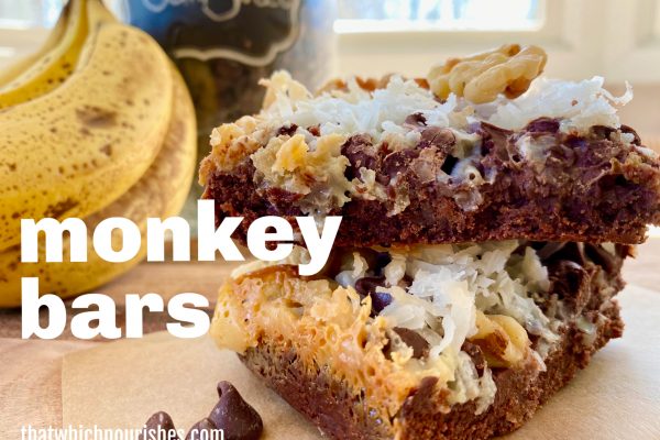 Monkey Bars -- Bananas, chocolate, coconut, and caramelized yum! Like a seven-layer bar with a leg-up because of banana! | thatwhichnourishes.com