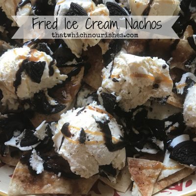 Fried Ice Cream Nachos -- Cinnamon crisps, vanilla ice cream, chocolate sandwich cookies, hot fudge and caramel. All the flavors of Fried Ice Cream with much less work! | thatwhichnourishes.com