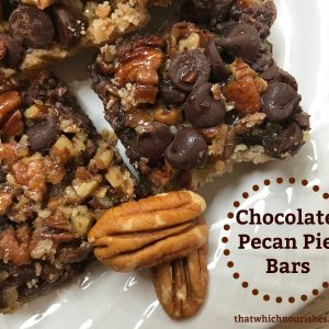 Chocolate Pecan Pie Bars -- Gooey pecan pie filling with the added benefit of rich chocolate. Just like chocolate pecan pie but happier as it's easier to serve! | thatwhichnourishes.com