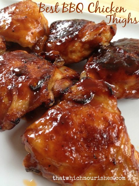 Best BBQ Chicken Thighs -- Juicy chicken thighs dripping with BBQ sauce perfection. Baked so there's no grill-guessing! | thatwhichnourishes.com