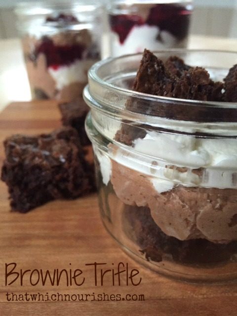 Brownie Trifle -- Layers of chocolatey happiness served as in a trifle bowl to please a crowd, or individual mason jars for a perfect presentation. A delightful pudding layer with extra goodness, whipped cream, and brownies might just make ya famous. | thatwhichnourishes.com