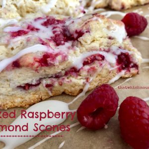 Glazed Raspberry Almond Scones -- soft, moist, buttery scones studded with fresh raspberries and blanketed in a sugary glaze | thatwhichnourishes.com