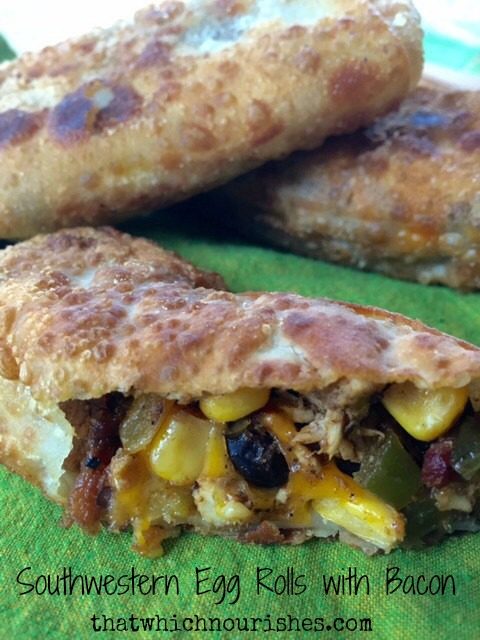 Southwestern Egg Rolls with Bacon -- these flavor-packed homemade egg rolls are an easy, versatile way to stretch a dollar and make everyone's taste buds happy. Bacon, beans, spices, a bit of chicken and cheese make a delicious lunch or appetizer | thatwhichnourishes.com