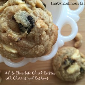 White Chocolate Chunk Cookies with Cherries and Cashews --chunks of melty white chocolate surrounded by tart cherries and creamy, crunchy cashews baked into a no-fail cookie dough -- |thatwhichnourishes.com