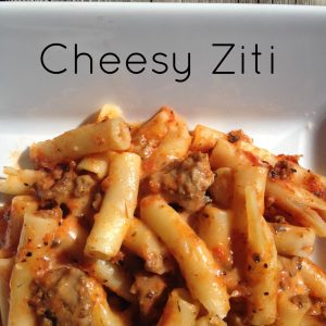 Cheesy Ziti -- Meat and pasta meet prepared red sauce, mozzarella, and seasonings and with a quick mix and bake you have gooey, cheesy yum. | thatwhichnourishes.com