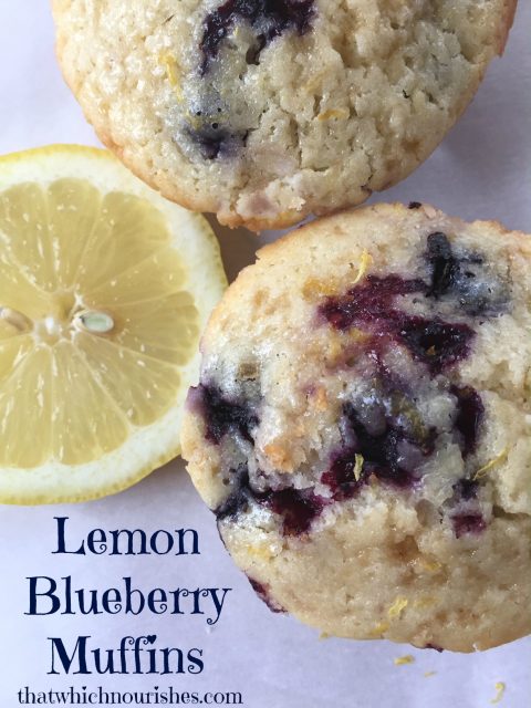 Lemon Blueberry Muffins -- If Lemon Bars and blueberry muffins had a baby, this would surely be it. Super moist muffins packed with tart lemon flavor. | thatwhichnourishes.com