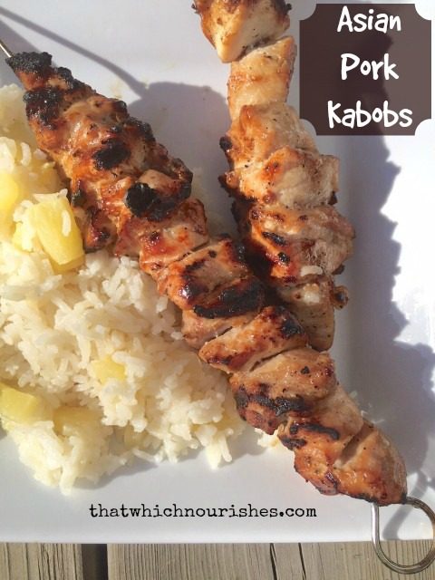 Asian Pork Kabob -- Tender, juicy, marinated bites of pork are grilled on skewers for a perfect summer meal. | thatwhichnourishes.com