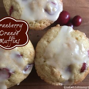 Glazed Cranberry Orange muffins -- A sweet, fluffy, orange-y muffin with little bursts of tart cranberry, covered with a tangy sweet orange glaze. | thatwhichnourishes.com