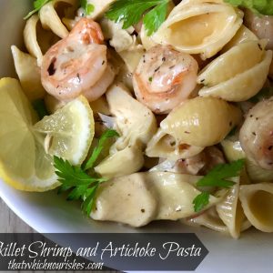 One Skillet Shrimp and Artichoke Pasta -- Shrimp, artichokes, Parmesan, and lemon combine to make a quick, easy meal with clean-up a snap as everything comes together in one scrumptious skillet ready in less than 20 minutes. | thatwhichnourishes.com