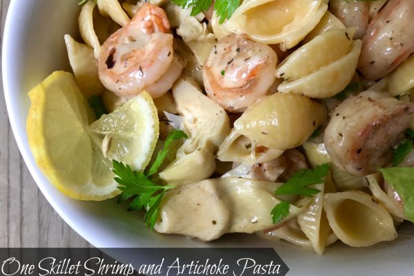 One Skillet Shrimp and Artichoke Pasta -- Shrimp, artichokes, Parmesan, and lemon combine to make a quick, easy meal with clean-up a snap as everything comes together in one scrumptious skillet ready in less than 20 minutes. | thatwhichnourishes.com