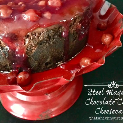 Steel Magnolia Chocolate Cherry Cheesecake -- A decadent and creamy chocolate cheesecake is encrusted with two kinds of buttery, chocolate crumbs and layered with cherries to make a delightful dessert for any special occasion. | thatwhichnourishes.com