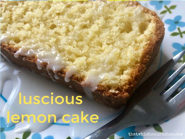 Luscious Lemon Cake -- Rich, moist, luscious lemon cake that you can quickly make with pantry ingredients and a couple lemons and have a dessert you'll be proud to serve to family or guests. | thatwhichnourishes.com