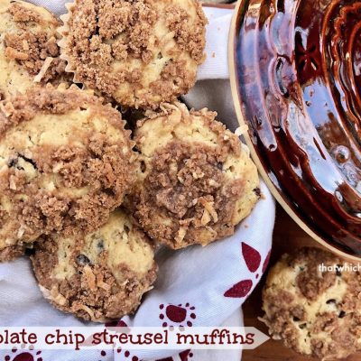 Chocolate Chip Streusel Muffins -- Sweet cinnamon streusel winds its way through the center of the perfect muffin studded with melty chocolate chips and topped with more of the same spicy streusel on top.  Muffin heaven. | thatwhichnourishes.com
