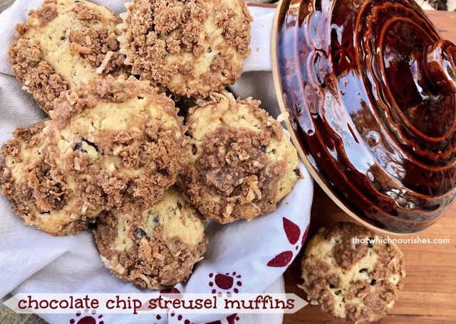 Chocolate Chip Streusel Muffins -- Sweet cinnamon streusel winds its way through the center of the perfect muffin studded with melty chocolate chips and topped with more of the same spicy streusel on top.  Muffin heaven. | thatwhichnourishes.com