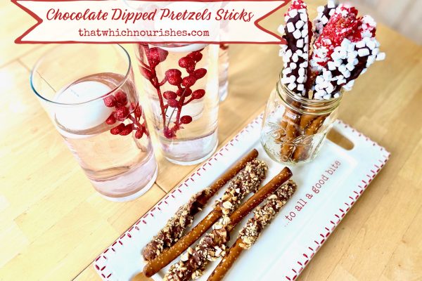 Chocolate Dipped Pretzel Sticks -- An easy, no-bake crowd-pleaser, these Chocolate Dipped Pretzel Sticks are festive, fun, and fabulously yummy! It's so easy to create that perfect, sweet and salty flavor combo we all crave! | thatwhichnourishes.com