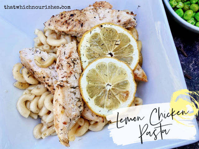 Lemon Chicken Pasta -- Buttery, bright, and beautiful in its simplicity, this pasta dish comes together in minutes starting with uncooked pasta, chicken, and lots of lemon baked in one dish! |thatwhichnourishes.com