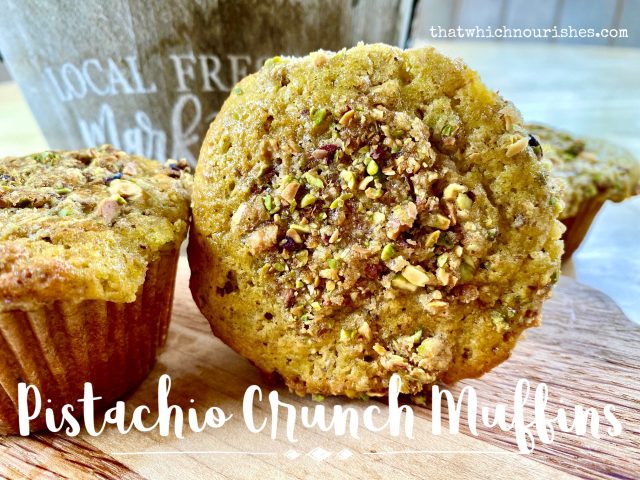 Pistachio Crunch Muffins -- Sweetened with maple syrup, these pleasantly pistachioed, soft muffins made from scratch are crowned with a buttery, streusel topping. | thatwhichnourishes.com