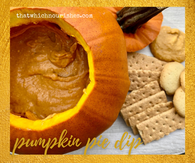 Pumpkin Pie Dip -- Creamy, sweetened pumpkin swirled with Fall spices made dippable - this 5 ingredient perfect pumpkin-pie-packed-party treat! | thatwhichnourishes.com