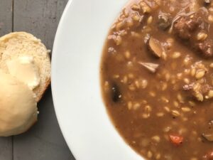 Beef Barley Soup with Mushrooms -- Thick and hearty, loaded with chunks beef and mushrooms, this soup is easy to put together and will quickly become your go-to pot of comfort food. | thatwhichnourishes.com