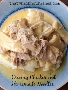Creamy Chicken and Homemade Noodles -- Tender chicken floats in creamy gravy and homemade noodles are the icing on the cake.| thatwhichnourishes.com