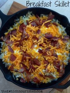 Breakfast Skillet -- Your favorite elements of breakfast (bacon, potatoes and eggs) made in one skillet and covered in cheese. Does it get any better? | thatwhichnourishes.com