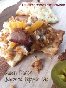 Bacon Ranch Jalapeno Popper Dip -- All the flavors you love in jalapeño poppers deliciously combined into a warm, crunchy, spicy, creamy dip | thatwhichnourishes.com