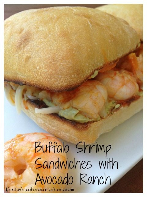 Buffalo Shrimp Sandwiches with Avocado Ranch Dressing -- Tender shrimp exploding with buffalo flavor and a flavor-packed avocado ranch dressing make these sandwiches a quick and easy g0-to meal grand slam. | thatwhichnourishes.com
