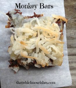 Monkey Bars -- Bananas, chocolate, coconut, and yum! These little bars pack a punch of all the good things you crave. Reminiscent of seven layer bars, these guys have a leg-up because of banana! | thatwhichnourishes.com