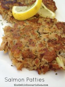Salmon Patties -- Canned salmon transforms into a crispy, flavorful patty of yum with just a little help from this great recipe. An easy way to sneak salmon into your family's meals in a way they will love. | thatwhichnourishes.com