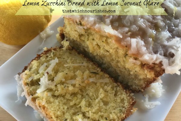 Lemon Zucchini Bread with Lemon Coconut Glaze -- Impossibly soft lemon bread blanketed with a tart, lemony-coconut glaze. Here's an easy and delicious way to use up that garden zucchini! | thatwhichnourishes.com