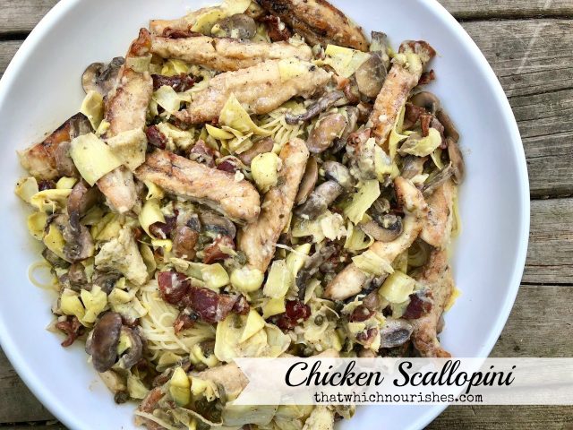 Chicken Scallopini -- Tender pieces of chicken, savory mushrooms, bacon, capers, and artichokes are nestled into pasta and bathed in a garlic, lemon, white wine cream sauce that you may just lick off of your plate. | thatwhichnourishes.com