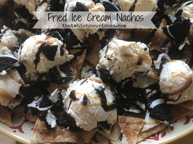 Fried Ice Cream Nachos -- Cinnamon crisps, vanilla ice cream, chocolate sandwich cookies, hot fudge and caramel. All the flavors of Fried Ice Cream with much less work! | thatwhichnourishes.com