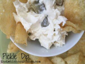 Pickle Dip -- Your potato chips are about to thank you. Garlic and cream cheese get happy with dill pickles and make the best chip dip you'll ever have | thatwhichnourishes.com