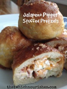 Jalapeño Popper Stuffed Pretzels -- Bacon, jalapeños, and cream cheese star in these easier-to-make-than-you-think homemade pretzel bites | thatwhichnourishes.com