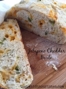 Jalapeño Cheddar Boule --Crispy on the outside, soft on the inside, this Jalapeño Cheddar Boule may be the easiest most amazing bread you've ever had. No kneading needed! | thatwhichnourishes.com