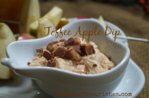 Toffee Apple Dip -- Tangy cream cheese gets sweetened and jazzed up with spices and toffee bits. | thatwhichnourishes.com