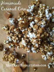 Hot, homemade caramel drizzled over freshly popped popcorn and baked until hot and crunchy! This is the stuff right here. Perfect for gifting or just happily munching. | thatwhichnourishes.com