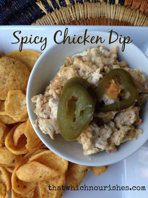Spicy Chicken Dip --Two cheeses melted in with spices, chicken, and jalapeños to your taste make this dippably perfect with tortilla chips or crackers. | thatwhichnourishes.com