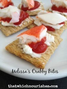 Melissa's Crabby Bites -- Four little ingredients and no baking required. Assemble these bites of yum for immediate enjoyment. Cheesy, zingy, crunchy little crab bites make the perfect appetizer. | thatwhichnourishes.com
