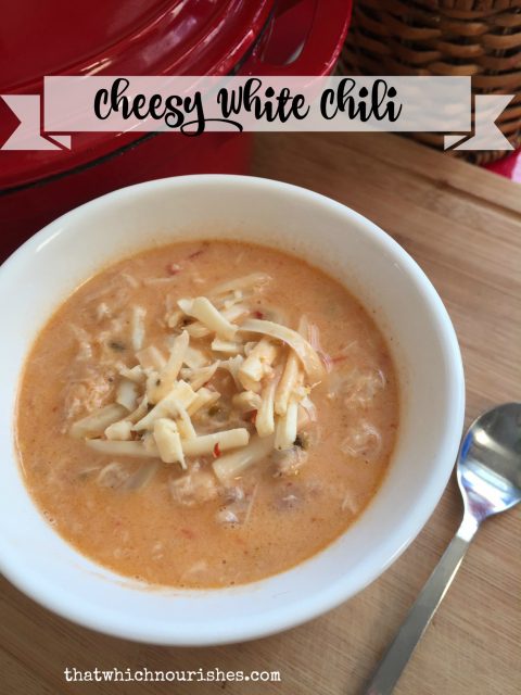 Cheesy White Chili -- Cheesy, rich, slightly spicy white chili. Loaded with white beans, chili, and pepper jack cheese, this is how you do winter comfort food! | thatwhichnourishes.com