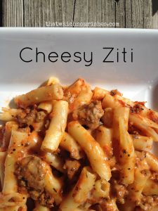 Cheesy Ziti -- Meat and pasta meet prepared red sauce, mozzarella, and seasonings and with a quick mix and bake you have gooey, cheesy yum. | thatwhichnourishes.com