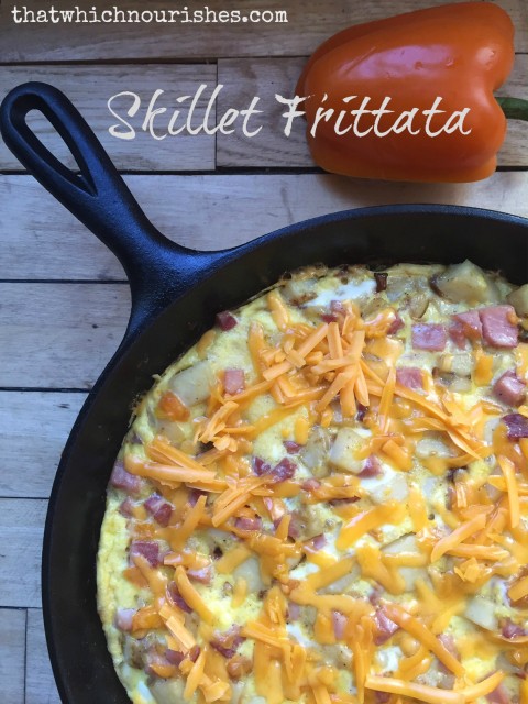 Skillet Frittata -- perfectly packed with flavorful veggies, savory meat, and surrounded by fluffy eggs and sprinkled with cheese. Prepared in a cast iron skillet, and ready in less than 20 minutes! | thatwhichnourishes.com